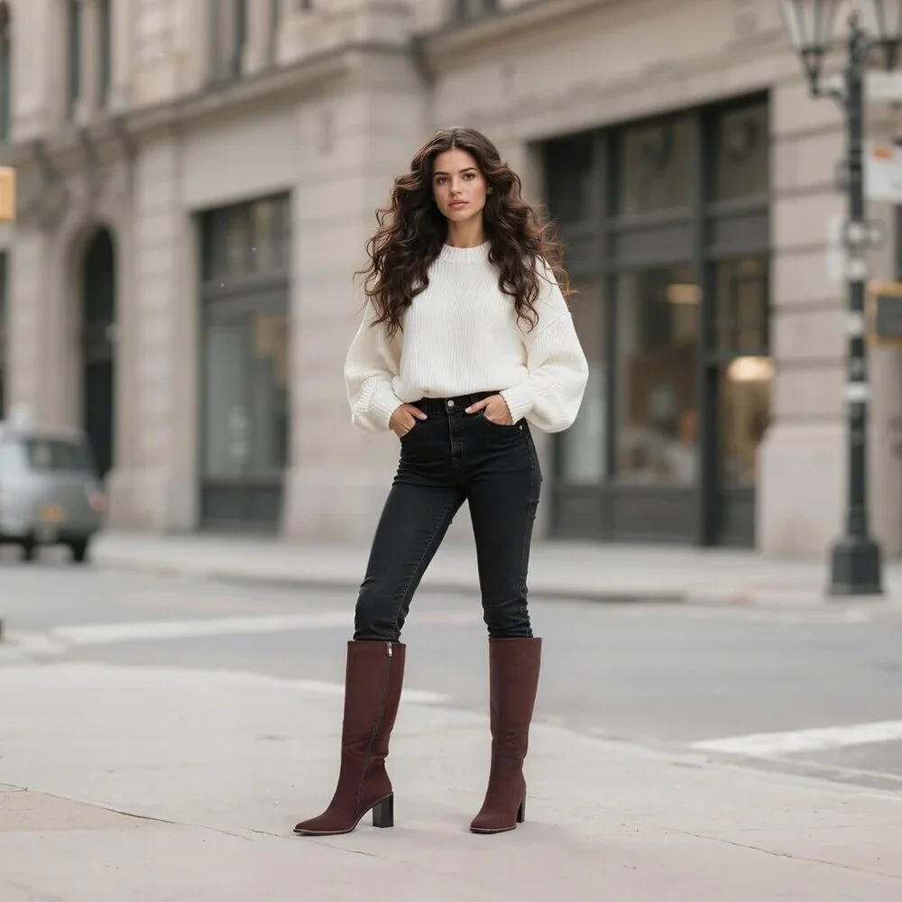 🆕Women’s Polyurethane Chocolate Square Toe Chunky Block Heel Leather Zip Boot